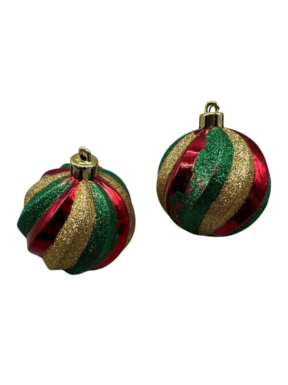 Set Of 2 Christmas Ornament Balls Red Green & Gold Glitter Swirl Design READ